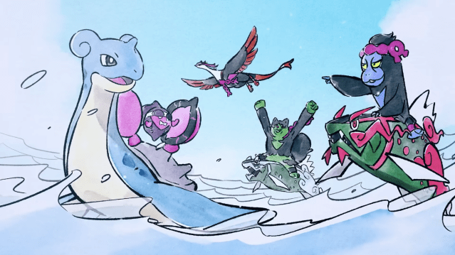 Pecharunt and the Loyal Three traveling across the sea in Pokémon.
