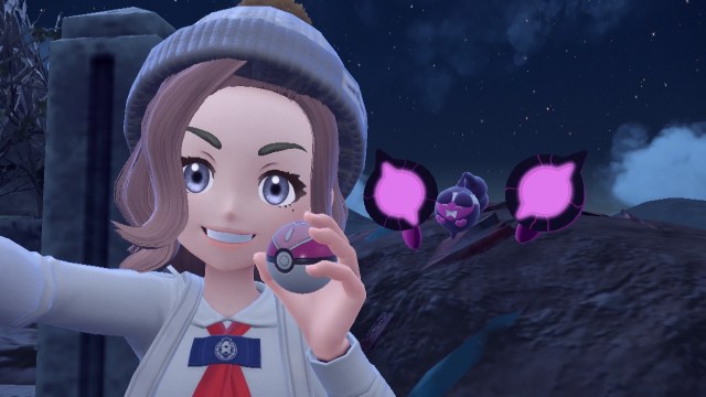 Trainer taking a selfie with Pecharunt in front of the destroyed Loyal Three monument in Pokémon Scarlet and Violet.