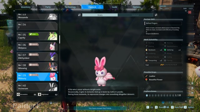 Ribunny's Paldeck page in Palworld.