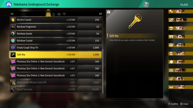 Shop menu showing a Safe Key in Like a Dragon: Infinite Wealth
