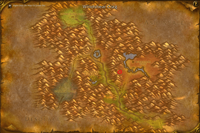 A WoW screenshot of the Stonetalon Mountains map with the location of Veenix highlighted in red