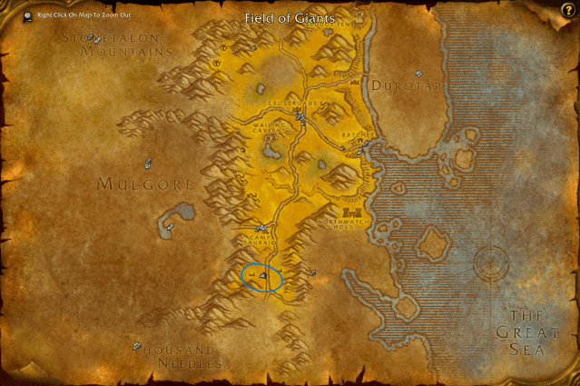 Screenshot of the Barrens map in WoW Classic with the spawn location for the Silithid Harvester circled in blue