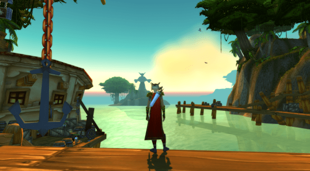 A Blood Elf overlooks Booty Bay in WoW Classic