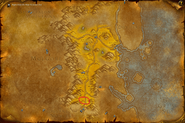 A map of the Barrens with Washte Pawne's spawn location circled in red in WoW
