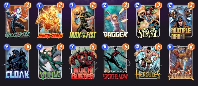 Marvel Snap deck consisting of Ghost-Spider, Human Torch, Iron Fist, Dagger, Doctor Strange, Multiple Man, Cloak, Vulture, Hulk Buster, Miles Morales, Hercules, and Heimdall.