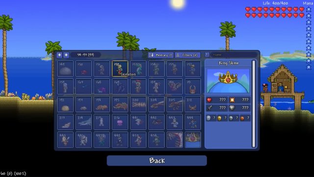 Bestiary screen in Terraria