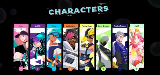 Foamstars characters, namely Soa, Agito, Tonix, Jet Juice, Penny Gwyn, Rave Breaker, The Baristador, and Mel T.