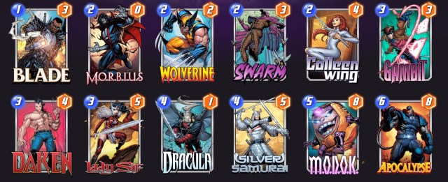 Marvel Snap deck consisting of Blade, Morbius, Wolverine, Swarm, Colleen Wing, Gambit, Daken, Lady Sif, Dracula, Silver Samurai, MODOK, and Apocalypse.
