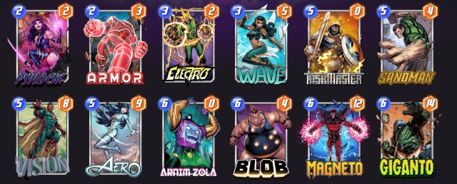 Marvel Snap deck consisting of Psylocke, Armor, Electro, Wave, Taskmaster, Sandman, Vision, Aero, Arnim Zola, Blob, Magneto, and Giganto.