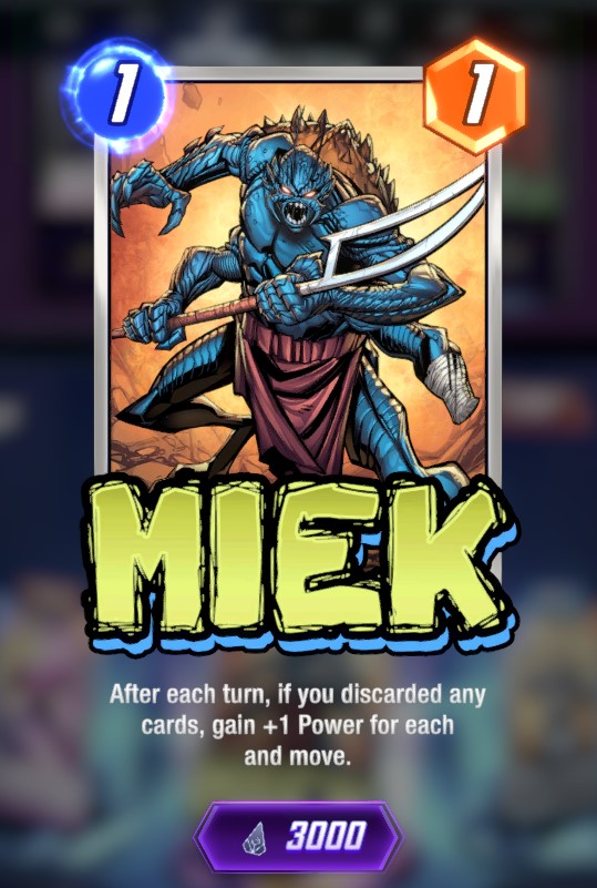 Miek card, showing his six limbs and pointed weapons.