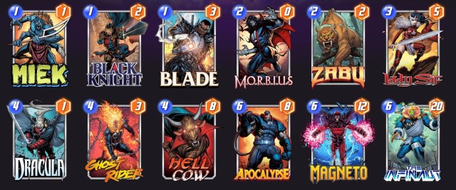 Marvel Snap deck consisting of Miek, Black Knight, Blade, Morbius, Zabu, Lady Sif, Dracula, Ghost Rider, Hell Cow, Apocalypse, Magneto, and The Infinaut.
