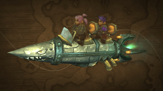 Two gnomes in WoW ride the X-53 Touring Rocket.