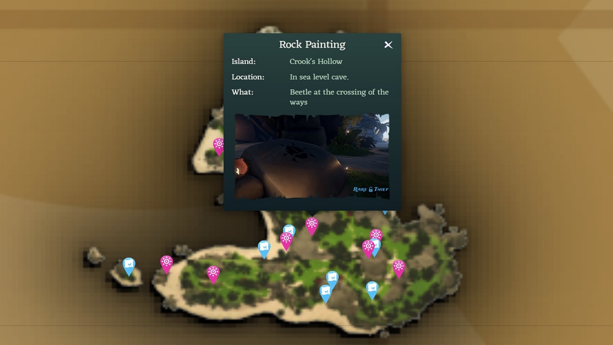An image showcasing the Beetle painting on Crook's Hollow on the Sea of Thieves map.
