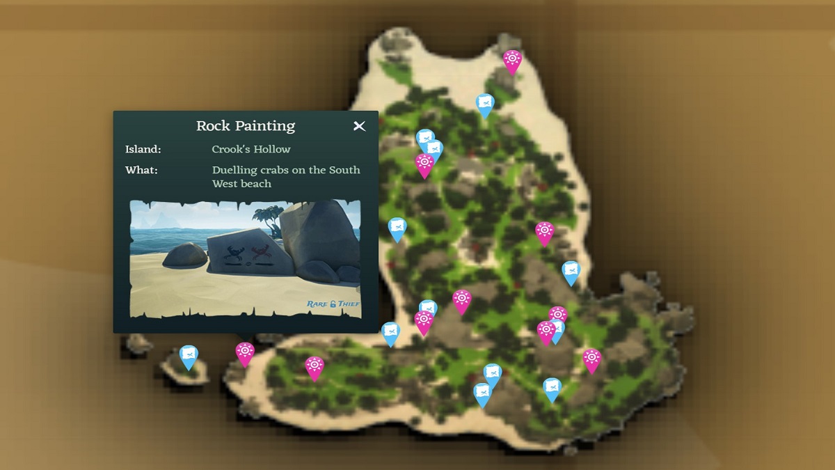 An image showcasing the Dueling Crabs painting on Crook's Hollow on the Sea of Thieves map.
