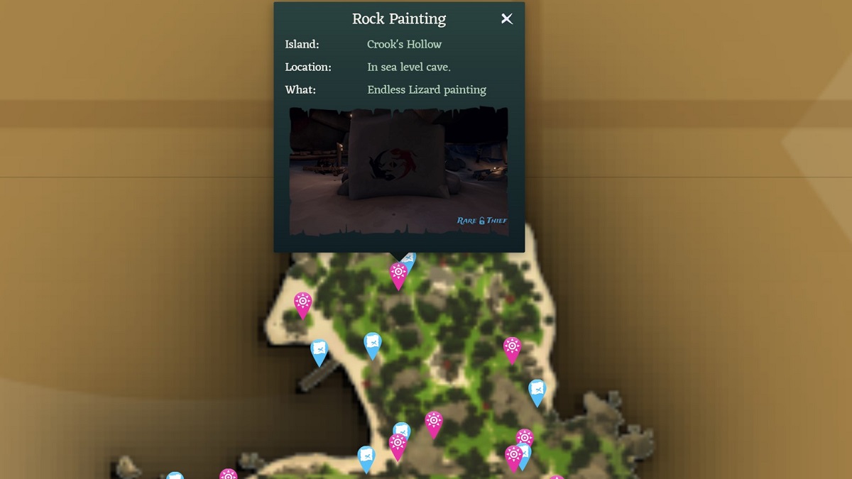 An image showcasing the Endless Lizard painting on Crook's Hollow on the Sea of Thieves map.