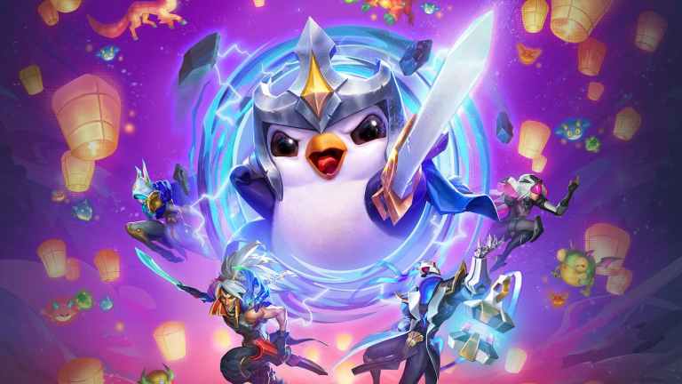 Pengu and TFT champions jumping through Galaxies Portals