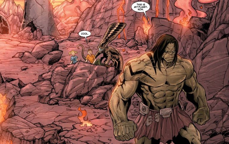 Skaar walking in a rail of fire