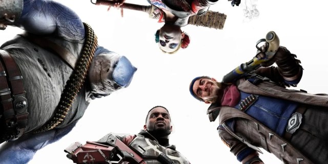 A promotional image of Harley Quinn, Captain Boomerang, King Shark and Deadshot looking down at the camera from Suicide Squad: Kill the Justice League