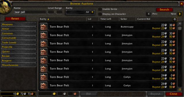 Torn Bear Pelts in WoW Classic Auction House.