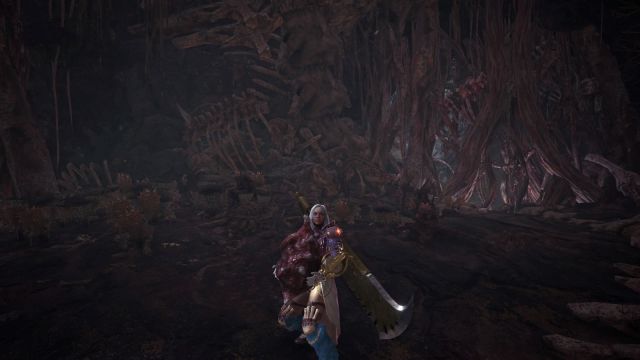 Image showcasing player standing with a Lump of Meat in Monster Hunter World. There is an ashen red background.