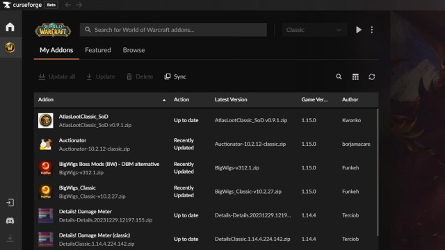 The CurseForge app showing WoW Classic installed and updated addons