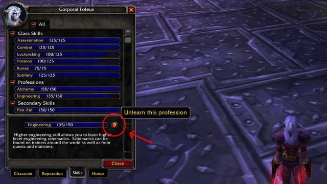 WoW classic profession window with a circle and arrow pointing to the Unlearn Profession button