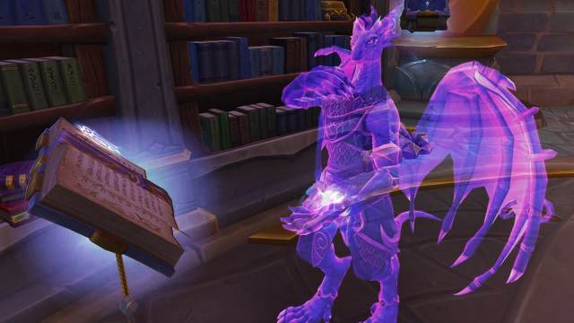 Translucent Dracthyr standing over a book and casting abilities