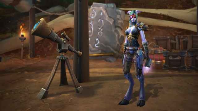 Draenei standing next to a telescope and looking at the camera