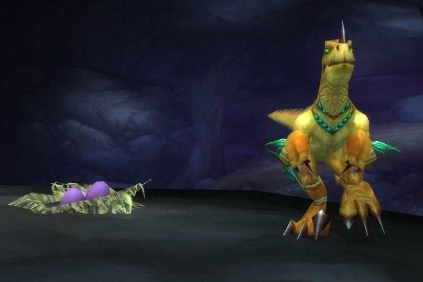 A Razorclaw Matriarch standing next to a nest with purple eggs in it.