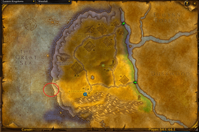 Map of Westfall showing the exact location of the Idol of the Deep