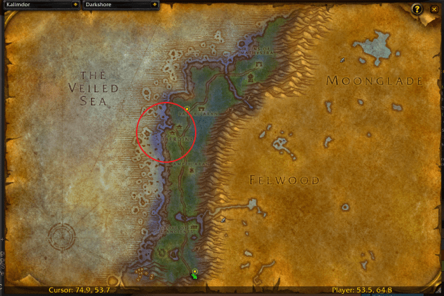 Map of Darkshore, showing where you can fish out Crab Treats.