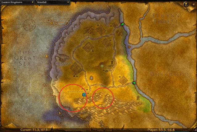 Map of Westfall in WoW Classic showing the exact location of Defias Knuckleduster.