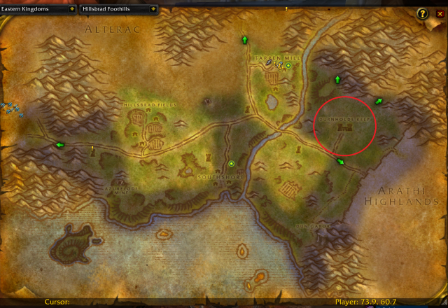 Map of Hillsbrad Foothills showing the exact location of Durnholde Keep.