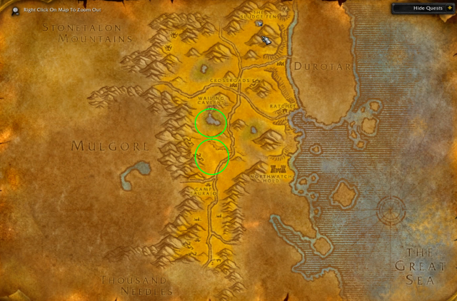 Map of The Barrens in WoW Classic with Wind Serpent pet locations marked with green circles.