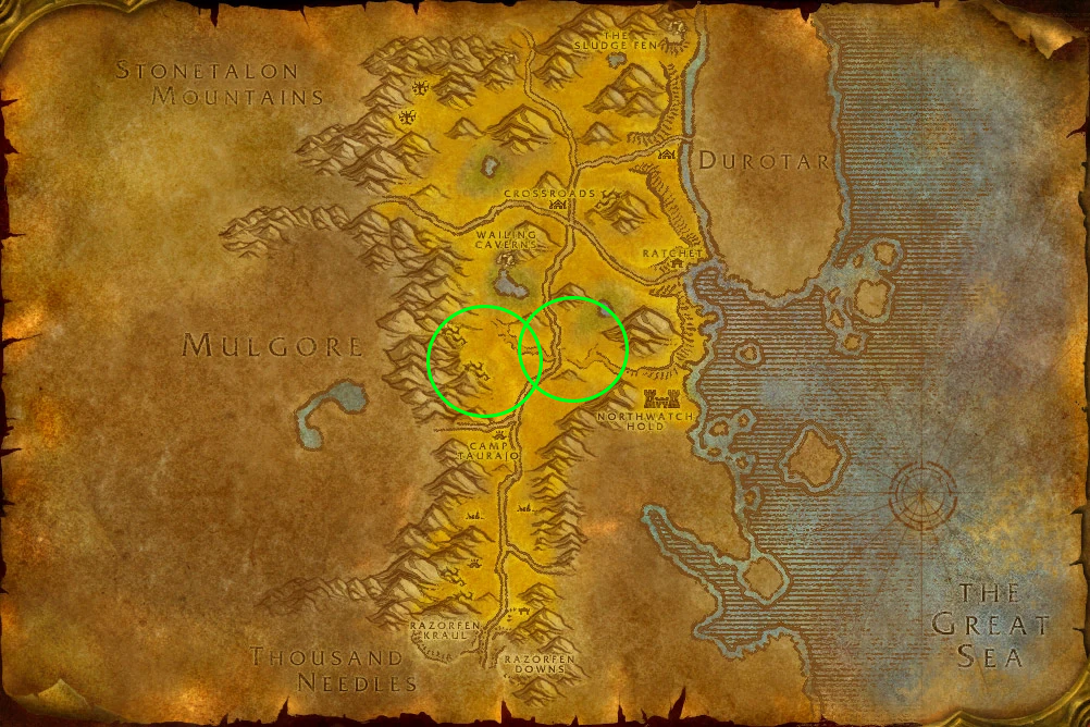 Map of the Barrens with the Bristleback mob areas circled, WoW Classic.