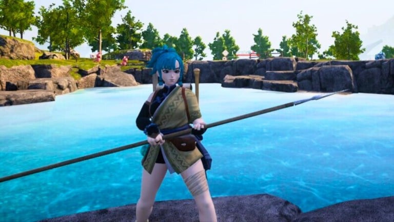 Woman holding a spear in front of a pond in palworld