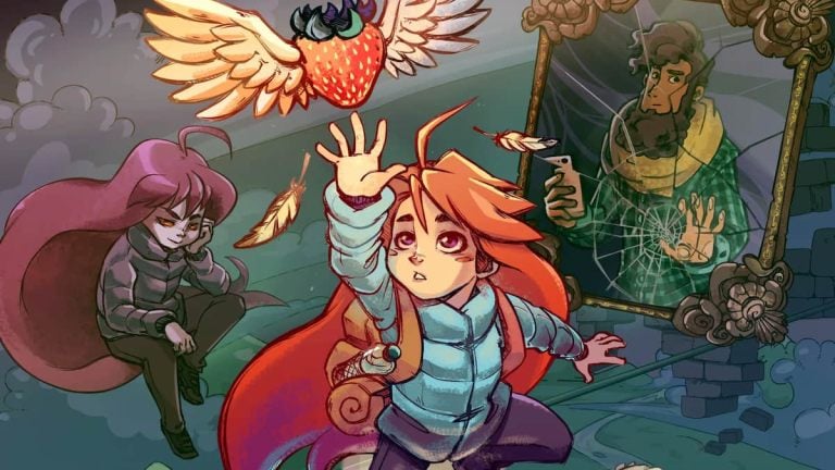 Main artwork showing Madeline, Celeste's main character, reaching for a winged strawberry