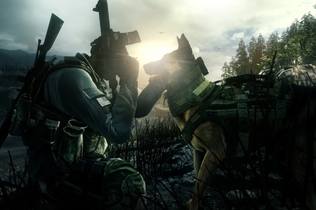 Character petting a dog in Cod Ghosts.