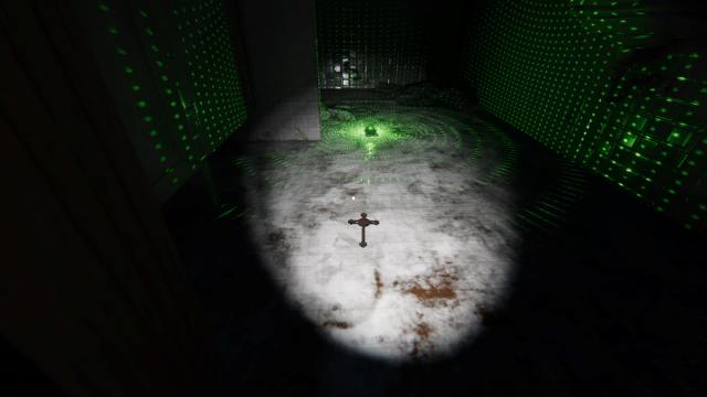 A Crucifix on the ground in the bathroom at Camp Woodwind in Phasmophobia.