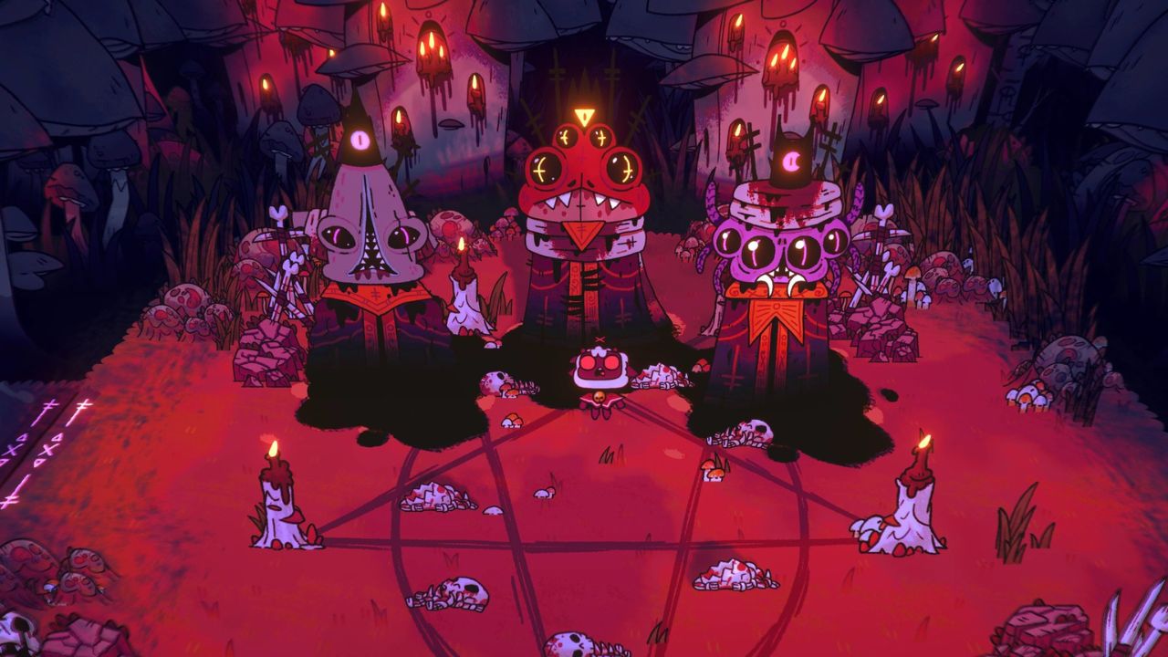 Lamb in the dungeon surrounded by powerful beings in cult of the lamb