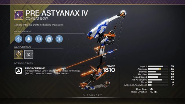 A graphic depicting Pre Astyanax IV with its perks and stats. It has Archer's Tempo and Incandescent equipped.