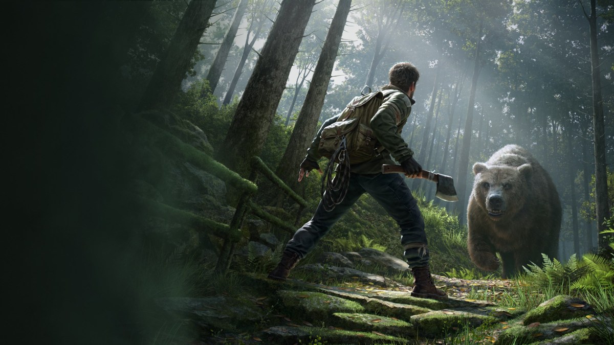 Promotional artwork for the Livonia DayZ expansion that features the player facing down a bear.