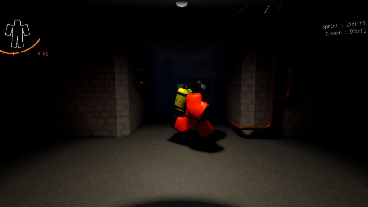 A screenshot of Deadly Company showing a player character running inside a facility.