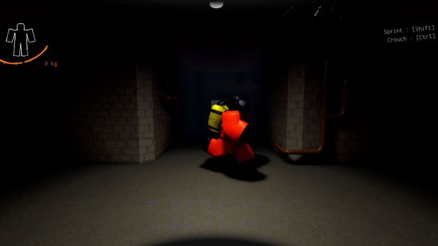 A screenshot of Deadly Company showing a player character running inside a facility.