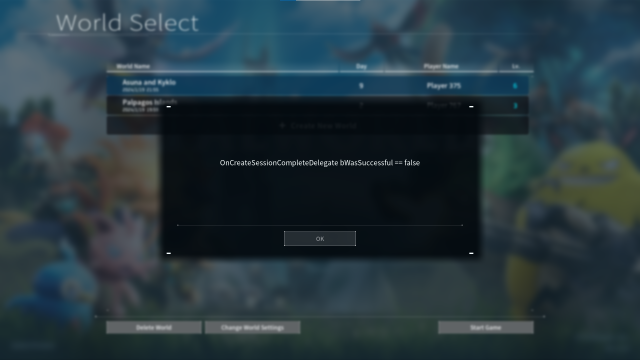 A screenshot of the OnCreateSessionCompleteDelegate error in Palworld