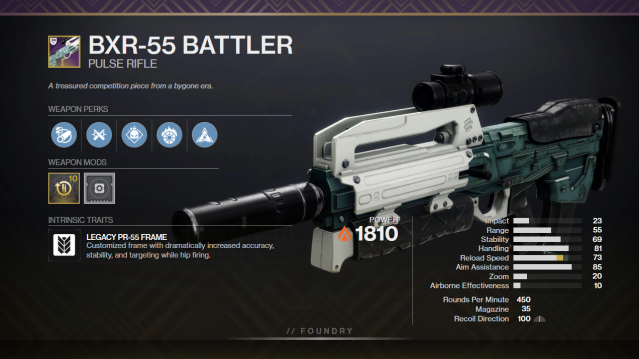 A graphic depicting the BxR-55 Battler alongside its perks and stats. It has Demolitionist and Incandescent equipped.