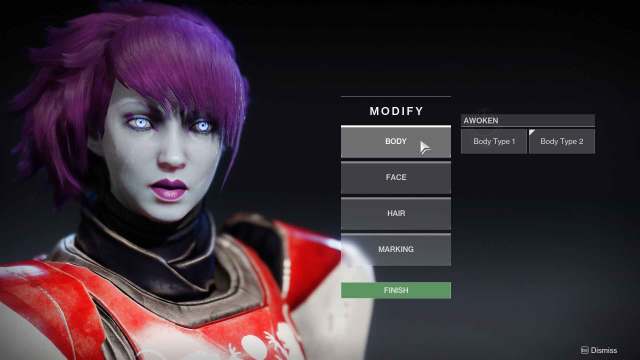 The character customization screen in Destiny 2, with a feminine Awoken Titan being highlighted.