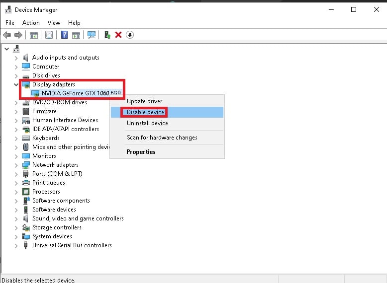 The device manager interface on Windows 10.