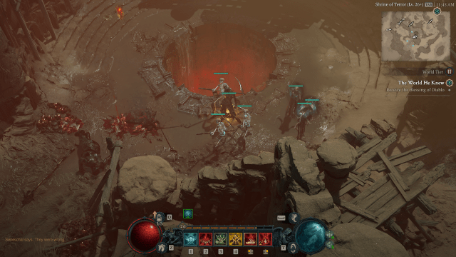 A Diablo 4 Necromancer next to a deep red Terror pit.