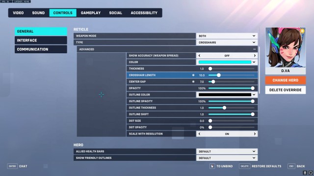 Crosshair settings for D.Va in Overwatch 2